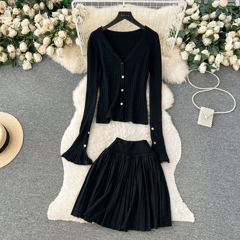 Cardigan&Pleated Skirt Knitted 2Pcs