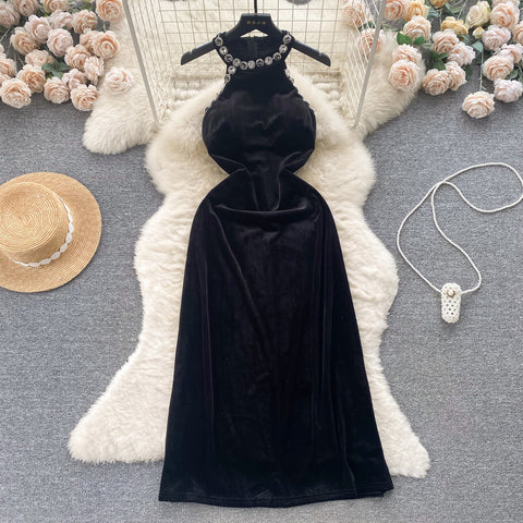 High-end Rhinestone Studded Halter Dress