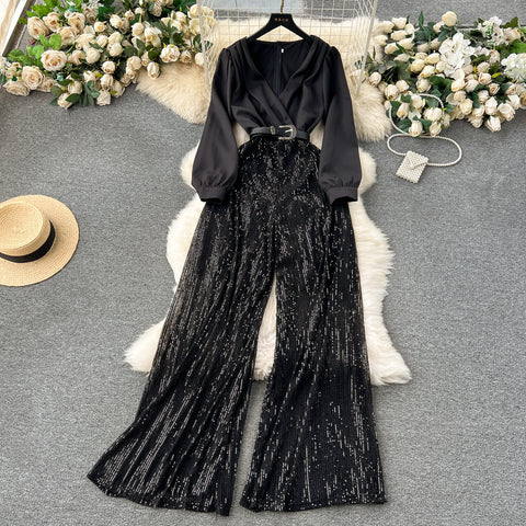 Elegant V-neck Sequined Patchwork Jumpsuit