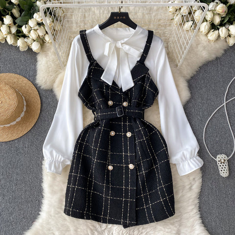 Bow-tie Plaid Dress&Skirt 2Pcs