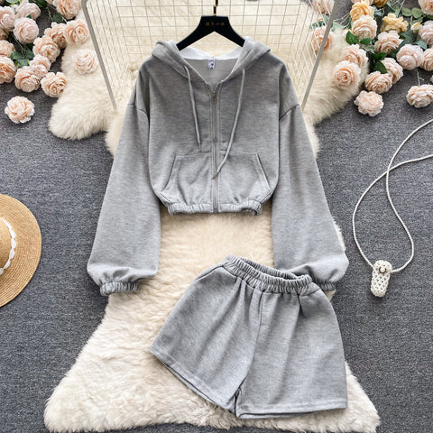 Casual Hoodie&Shorts Solid Color 2Pcs