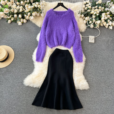 Soft Sweater&Fishtail Skirt 2Pcs Set