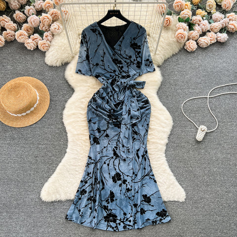 Elegant Lace-up Printed Fishtail Dress