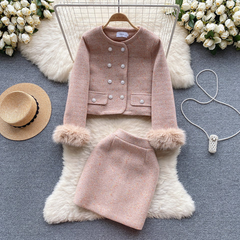 Double-breasted Cardigan&Skirt 2Pcs