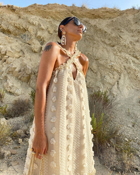 Loose-fitting 3d Floral Halter Beach Dress