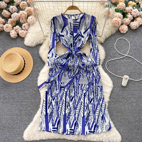 Crew Neck Lace-up Printed Dress
