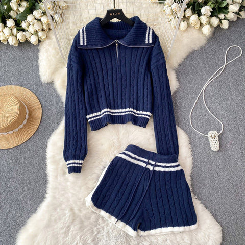 Lapeled Sweater&Shorts Knitted 2Pcs
