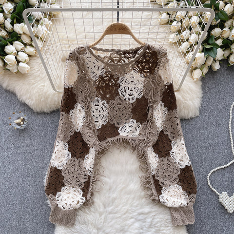 Flared Sleeve Hollowed Crochet Knitted Top