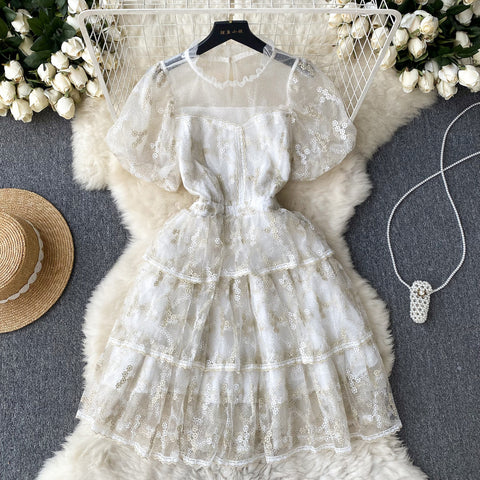 Crochet Lace Puff Sleeve Cake Dress