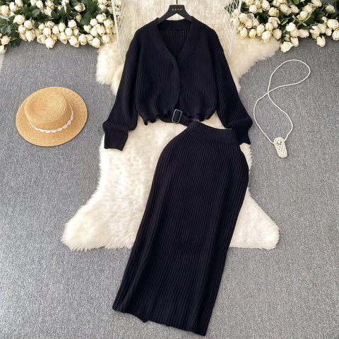 Loose-fitting Cardigan&Knitted Skirt 2Pcs