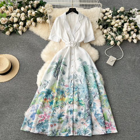 Suit Collar Single-breasted Floral Dress