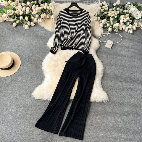 Striped Sweater&Draped Trousers Knitted 2Pcs