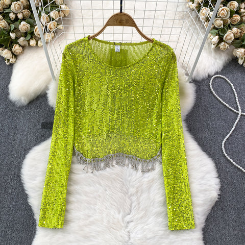 Loose-fit Sequin Fringed Short Top
