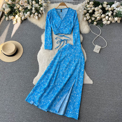 V-neck Top&Split Skirt Floral 2Pcs