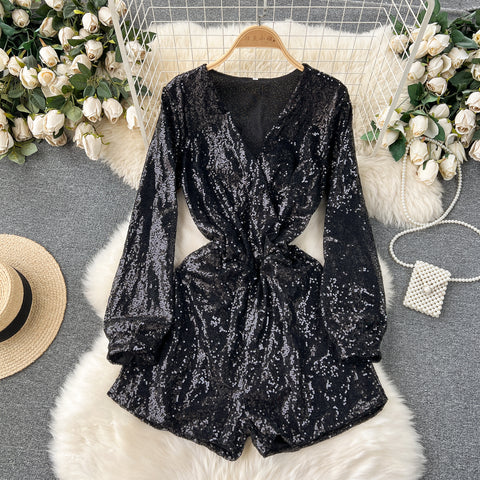 Deep V-neck Sequined Wide-leg Rompers