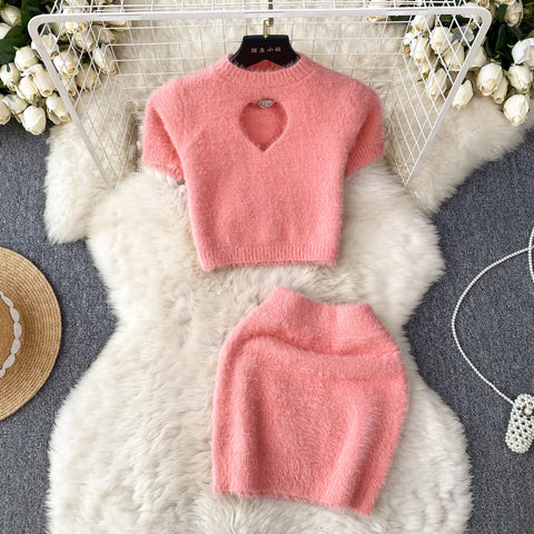 Hollowed Sweater&Skirt Knitted 2Pcs