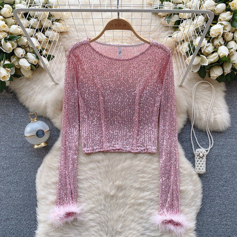Furry Cuff Sequined Bottoming Shirt