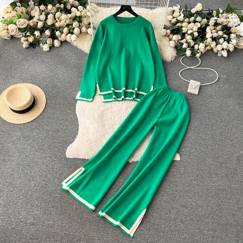 Round-collar Knitwear&Trousers Knitted 2Pcs