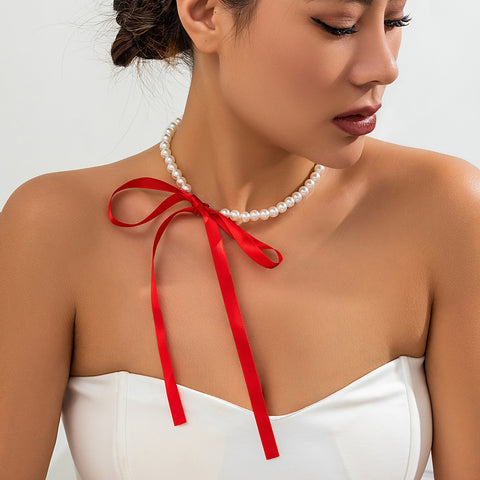 Courtly Velvet Bow Pearl Necklace&Bracelet