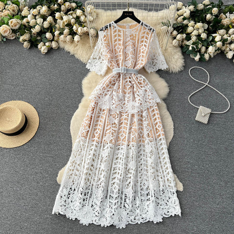 Hollowed Crochet Lace Solid Dress