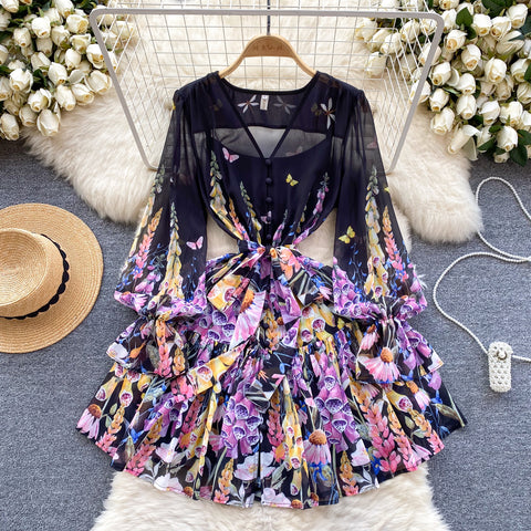 Puffy Sleeve V-neck Floral Chiffon Dress