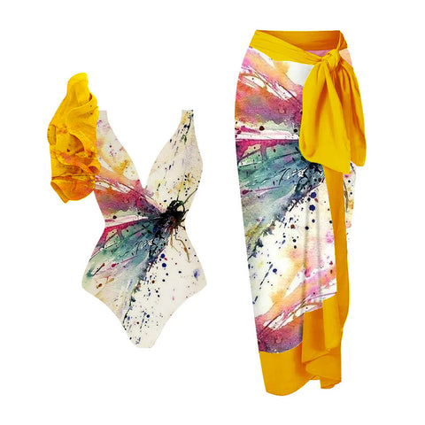 Ruffled Printed One-piece Swimwear&Skirt 2Pcs