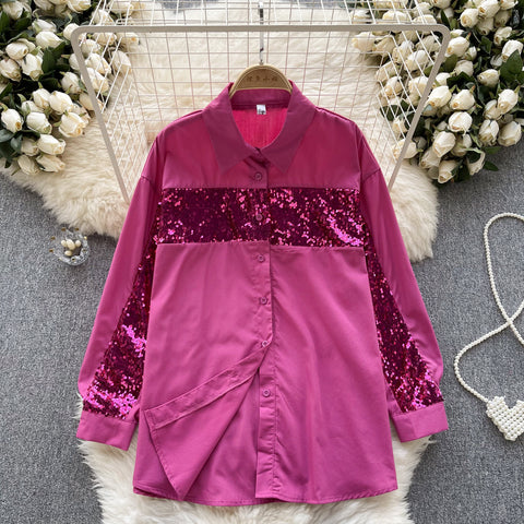 Chic Sequined Patchwork Long-sleeve Shirt