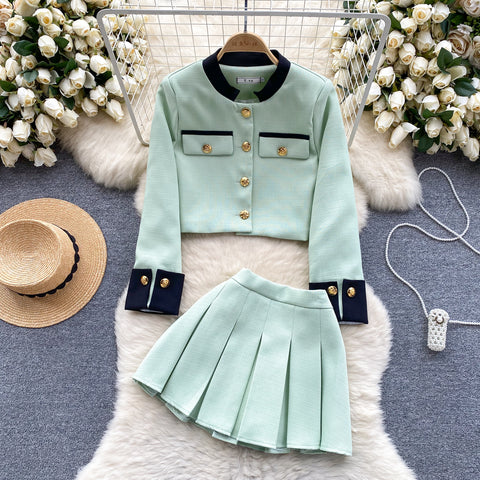 Color Blocking Cardigan&Pleated Skirt 2Pcs