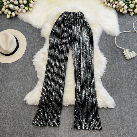 Chic Sequined Stretchy Wide-leg Trousers