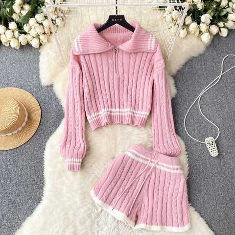Lapeled Sweater&Shorts Knitted 2Pcs