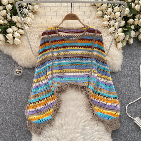 Colourful Striped Hollowed Fringed Knitwear