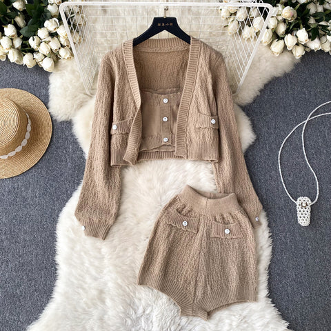 Cardigan&Camisole&Shorts Knitted 3Pcs