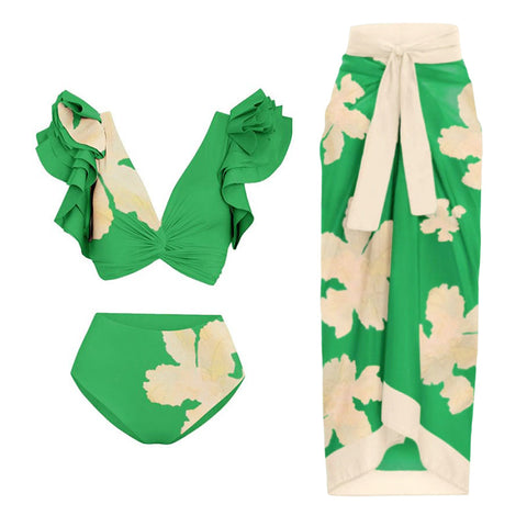 Lace-up Floral Swimwear&Skirt 2Pcs