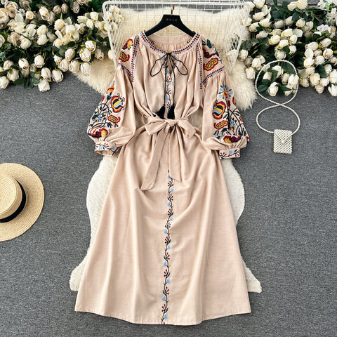 Bohemia Lace-up Embroidered Floral Dress