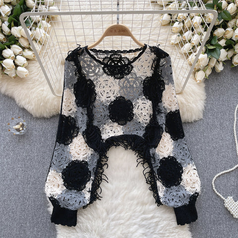 Flared Sleeve Hollowed Crochet Knitted Top