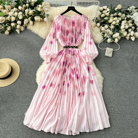 Floral Printed High-waist Pleated Dress