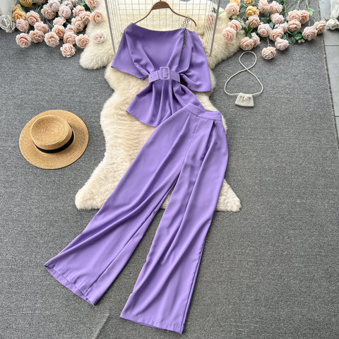One-shoulder Top&Wide-legged Trousers 2Pcs