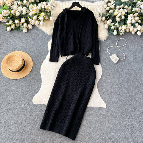 Hooded Sweater&Skirt Knitted 2Pcs