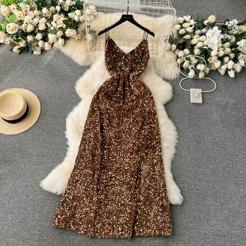 Party Sequined Suede Slip Dress