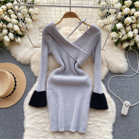 Niche V-neck Slim-fit Knitted Dress