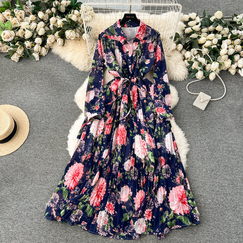 French Style Floral Chiffon Shirt Dress