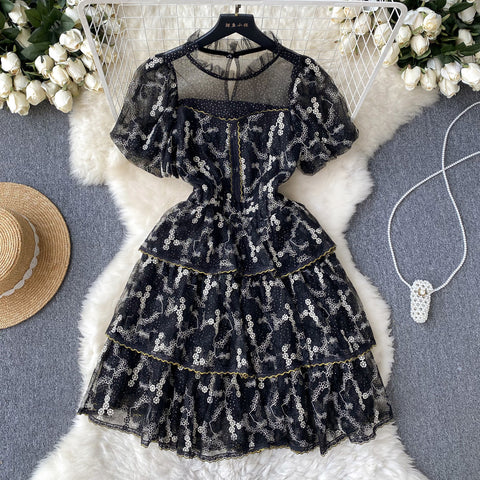 Crochet Lace Puff Sleeve Cake Dress