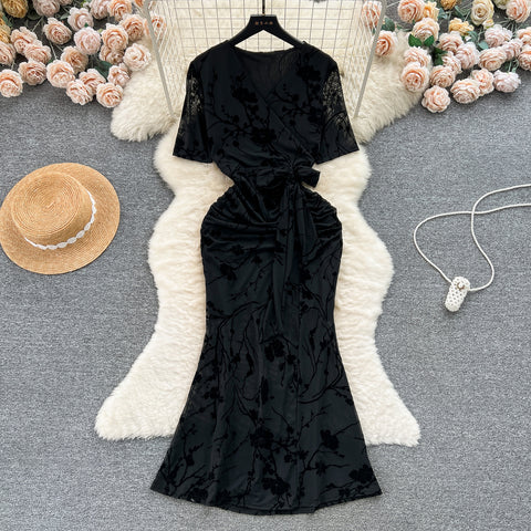 Elegant Lace-up Printed Fishtail Dress