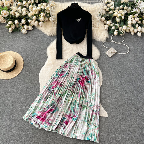 Black Knitwear&Floral Skirt 2Pcs