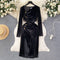 Vintage Pleated Long-sleeve Suede Dress