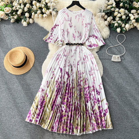 Vintage Round Collar Pleated Floral Dress