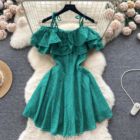 Solid Color Ruffled Embroidery Slip Dress