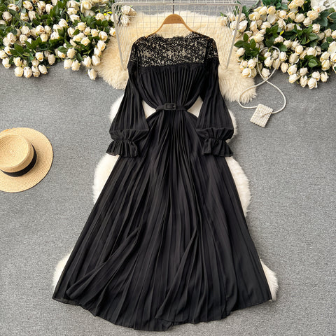 Courtly Solid Color Hollowed Lace Dress