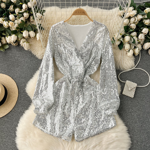 Deep V-neck Sequined Wide-leg Rompers