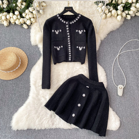 Beaded Cardigan&Skirt Knitted 2Pcs